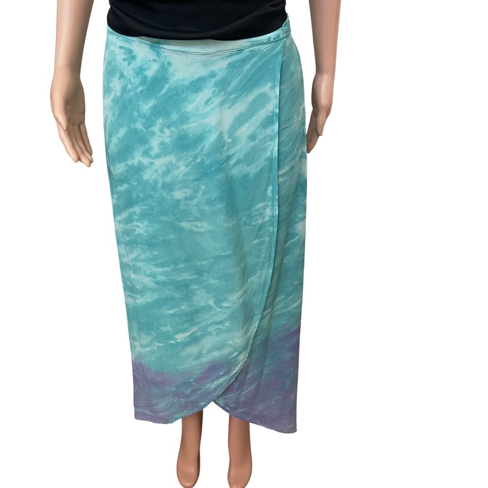 Cynthia Rowley 100% Silk turquoise blue watercolor asymmetrical skirt stretchy S